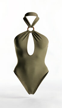 Olive Green Ribbed Textured Halter Neck One Piece Swimsuit With A Wooden Ring Keyhole Cutout At The Chest And A Fully Backless Design Floating With Body Shaped Volume On A White Background