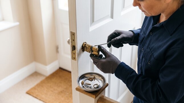 Locksmith removing old lock cylinder, residential door hardware replacement, careful professional security maintenance for rekeying and home entry repair