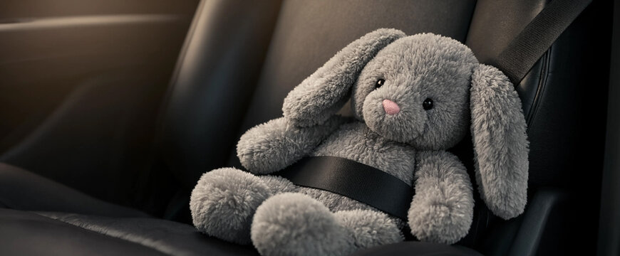 Grey stuffed rabbit in a car seat with a seatbelt, against a black background. Child safety concept. copy space for text