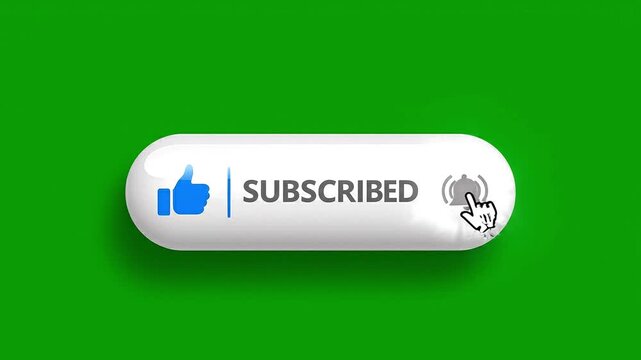 White subscribe button with mouse cursor clicking on green screen background