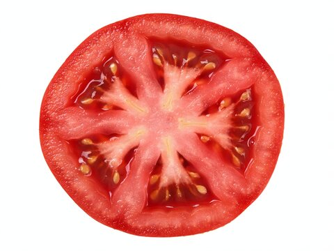 Fresh red tomato slice isolated on white background for healthy food and cooking concepts