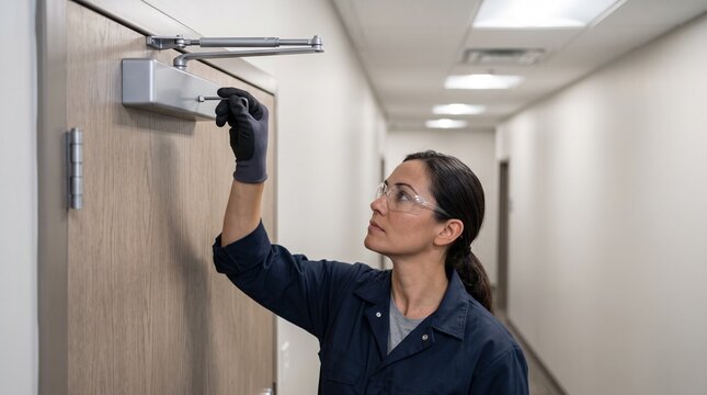 Door technician, repairing faulty door closer, commercial corridor hardware maintenance, professional facility service for controlled safe door operation
