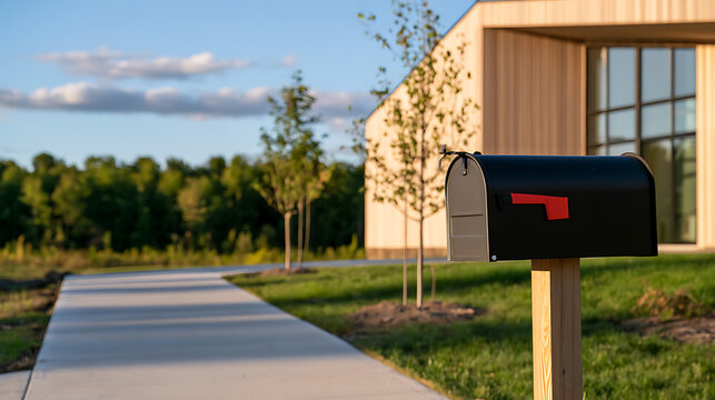 A black mailbox with a red flag stands by a sidewalk leading to a modern home, set against a backdrop of green trees and a blue sky at sunset