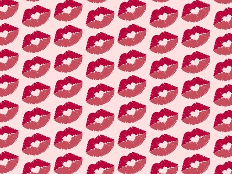 Repeated pattern of kiss lip imprints on a light pink background. Lips are illustrated in alternating shades of dark pink and red, arranged diagonally. The design creates a uniform and visually striki