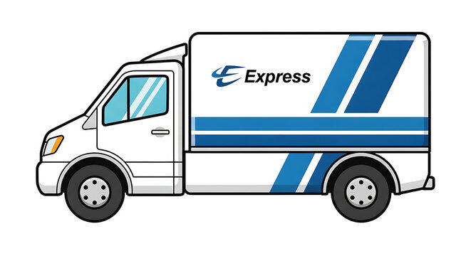 Cartoon illustration of a white delivery van with blue stripes with stripes text side vector illustration