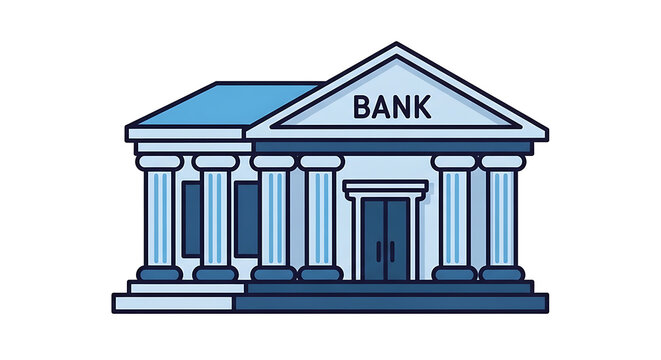 Minimalist blue bank building icon representing financial institution services and secure monetary asset management operations