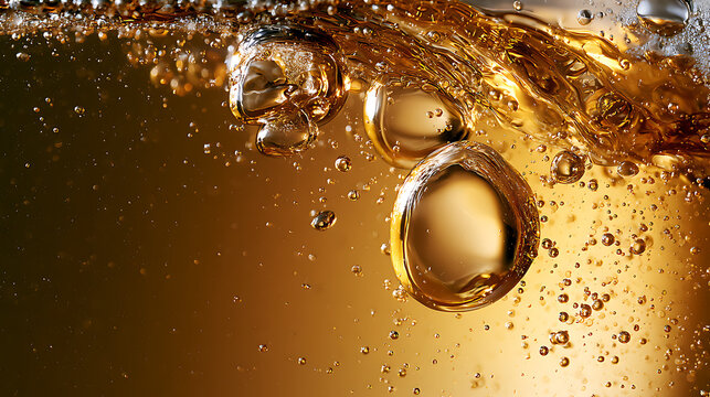 A photorealistic close-up macro shot of rising beer bubbles in a clear glass filled with golden-amber lager.