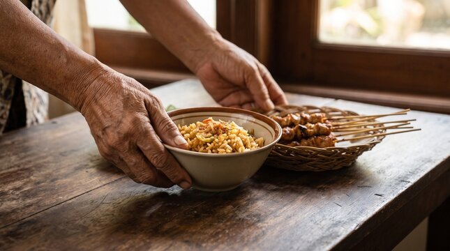 A pair of senior hands carefully serving a traditional bowl of fried rice and meat skewers upon a rustic weathered wooden table inside a cozy home kitchen setting during a quiet afternoon meal
