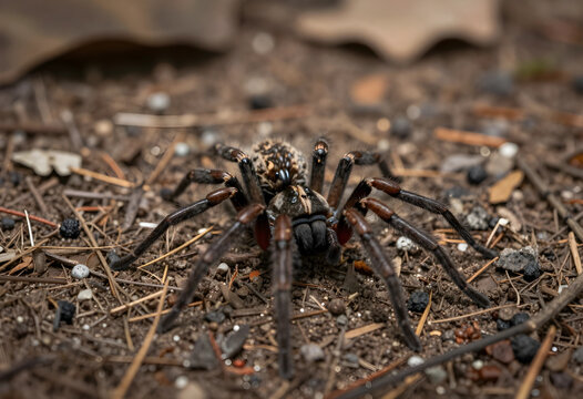 Large wolf spider with patterned body and dark legs on a forest floor, nature and wildlife