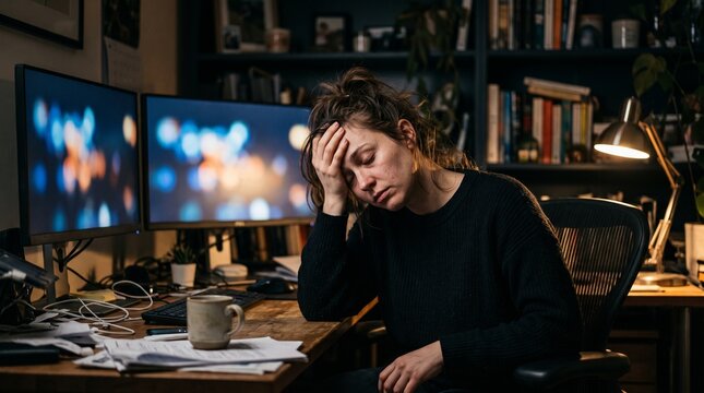 Exhausted female professional feeling mental fatigue while working late night on computer project at desk in home workspace during stressful deadline pressure situation requiring support and