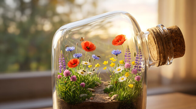 Vibrant wildflowers including red poppies and white daisies growing inside a clear glass jar with a cork stopper captured in warm glowing soft natural sunlight