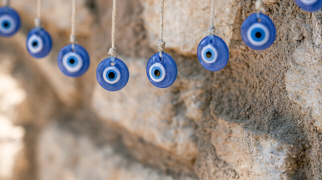 Blue Amulet Charms Hanging on String Against a Textured Stone Wall, Symbolizing Protection and Ancient Beliefs in a Sunny Outdoor Setting
