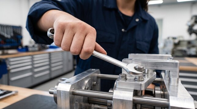 A close-up shot captures a mechanic's hand precisely tightening a bolt on intricate machinery with a wrench, highlighting skilled craftsmanship and industrial precision.