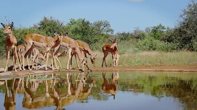 Herd of Common Impalas drinking in waterhole with reflection in Greater Kruger National park, South Africa ; Specie Aepyceros melampus family of Bovidae