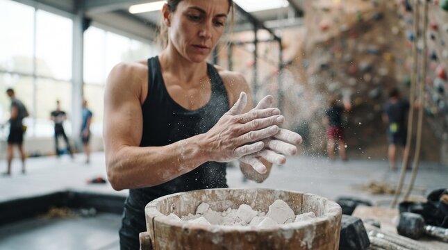 A female rock climber claps chalk onto her hands, preparing for a challenging ascent in a dedicated climbing gym, showcasing focus and athletic determination.