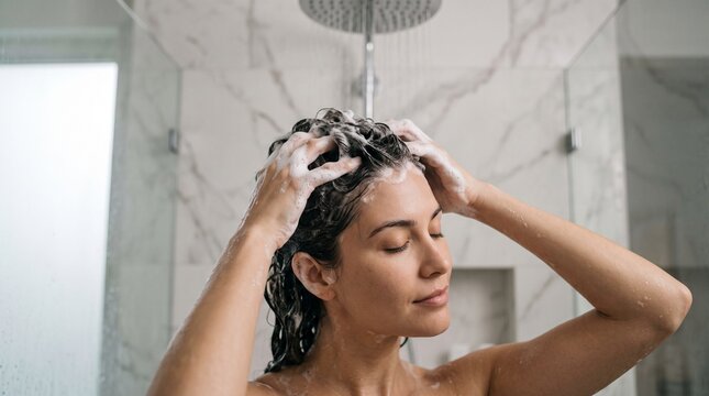 A woman washes her hair in a modern, stylish shower, surrounded by elegant marble tiles, embodying a moment of personal care and relaxation.
