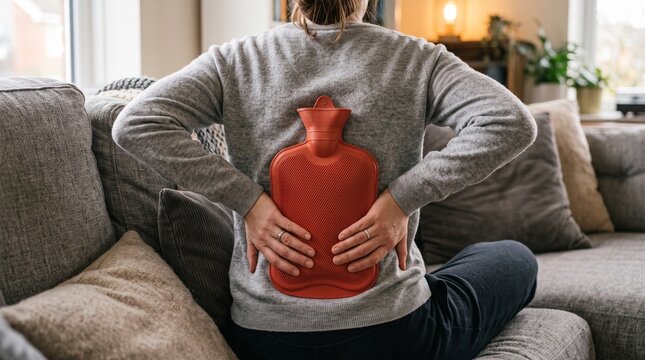 A person sits on a sofa, holding a hot water bottle to their lower back, seeking relief from pain and discomfort.