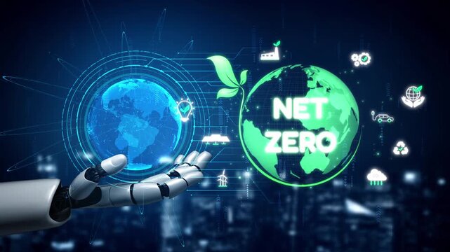 Net zero and sustainability concepts with environmental balance, digital sustainability icons, green energy goals, and eco-conscious digital business transformation for the future. Muxer