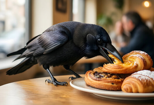 Black crow stealing a pastry from a plate on a wooden table in a cafe with blurred background