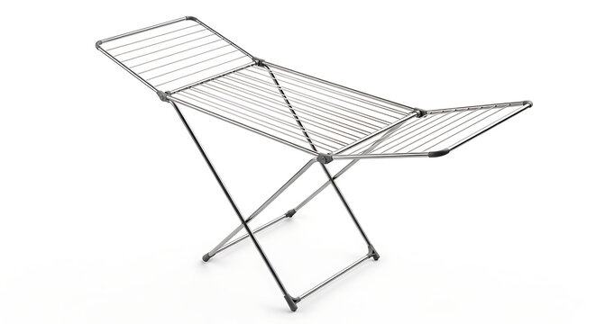 Collapsible metal laundry drying rack for efficient household clothing care with extendable wings isolated