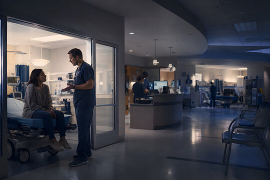 Doctor calmly speaking with an anxious patient in a late-night emergency room, conveying medical consultation, patient safety and compassionate healthcare communication.