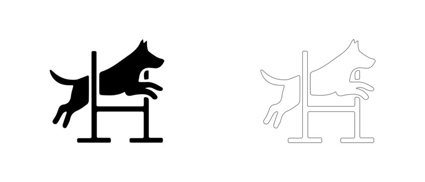 Dog jumping over hurdle vector icon filled and outline, agility sport and hurdle jump symbol.