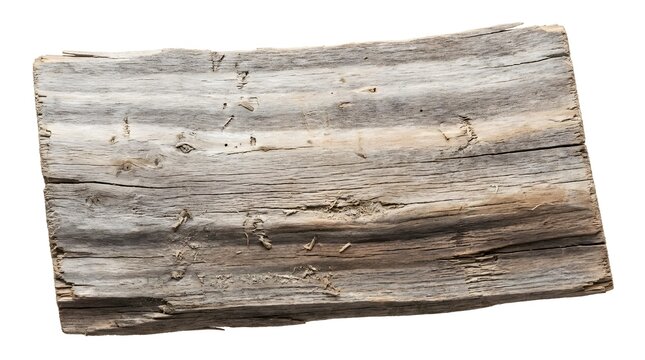 A textured piece of weathered gray driftwood isolated on a clean white background for design projects