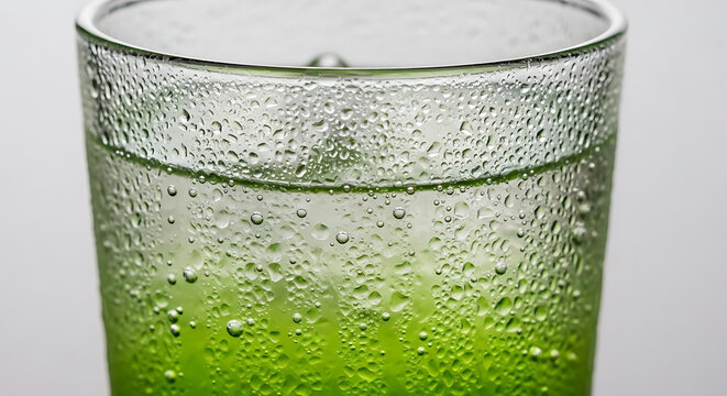Refreshing green cold beverage glass covered with condensation droplets against a neutral white background