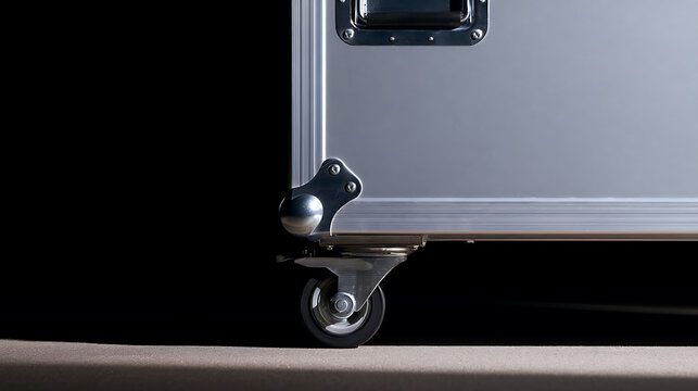 Close-up of a Durable Silver Flight Case with Heavy-Duty Caster Wheel on a Studio Floor, Illuminated by Bright Light