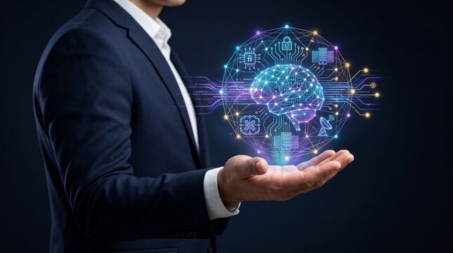 Businessman demonstrating artificial intelligence concept with a glowing digital brain hologram over his hand.
