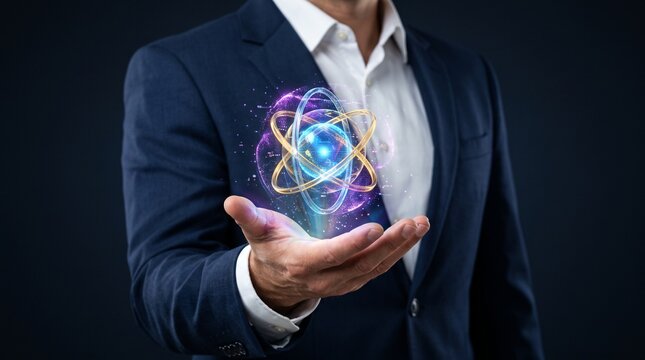 Businessman holding a glowing atomic structure hologram representing scientific research and nuclear energy.