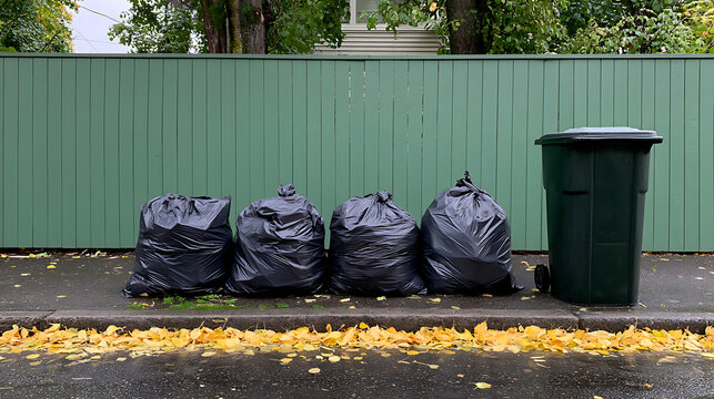 Row of full black garbage bags and a large green bin line a wet urban sidewalk adorned with bright yellow autumn leaves