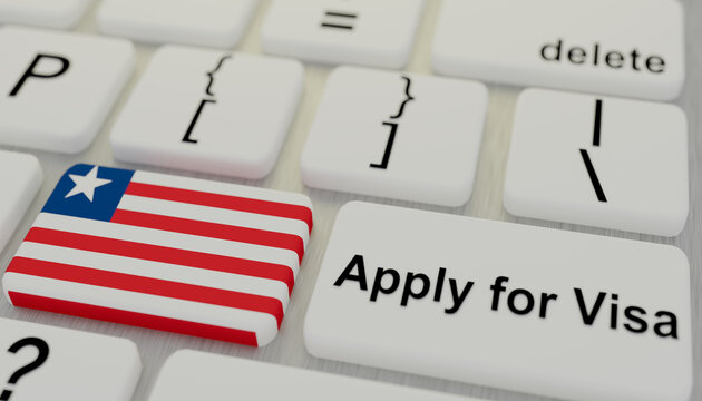 Liberia Visa Application Online: A close-up view of a laptop keyboard with a sticker featuring the Liberian flag and a key labeled Apply for Visa.