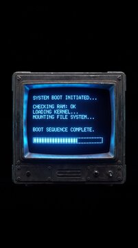 Retro CRT monitor displaying blue system boot sequence screen with loading progress bar