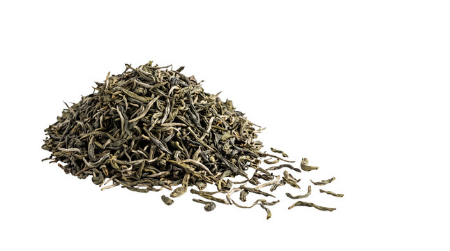 Premium loose leaf green tea pile, organic dried herbal tea leaves, aromatic raw tea ingredients for brewing isolated PNG with Transparent Background