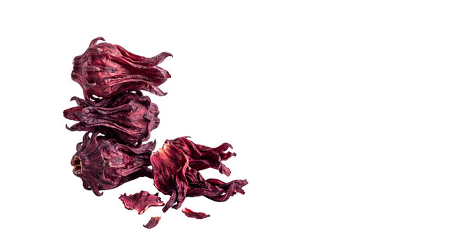 Dried hibiscus flowers for herbal tea, organic red roselle calyx group, natural crimson hibiscus petals for infusion isolated PNG with Transparent Background