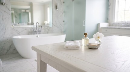 Fototapeta premium Luxury Bathroom with White Bathtub and Wooden Table for Spa Concept