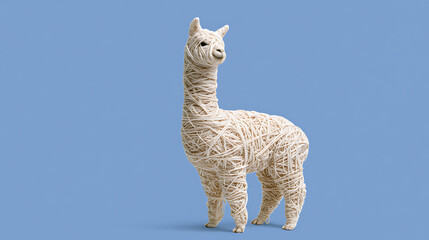 Obraz premium Charming creative llama figure crafted from natural yarn stands proudly on a solid blue background, showcasing textile art and design