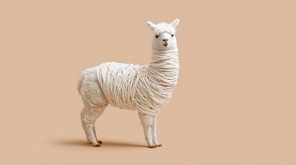Naklejka premium Charming White Alpaca Model with Yarn Wrap on Neutral Background: Studio Shot of a Llama with Creative Textile Element and Copy Space