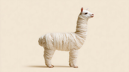 Naklejka premium Charming Llama or Alpaca with Body Artfully Wrapped in White Yarn, a Creative Depiction of Fiber and Wool Production on a Simple Background