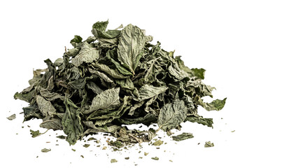 Dried mint leaves pile, organic herbal tea ingredients, aromatic dehydrated peppermint foliage for culinary use isolated PNG with Transparent Background © FacelessFame