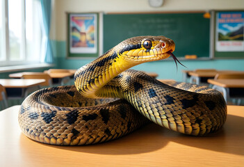 Obraz premium Large snake with yellow and black scales on a wooden desk in an empty classroom with a chalkboard