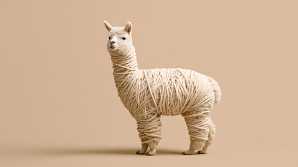 Obraz premium Charming Llama (Lama glama) Wrapped in Natural Yarn, Illustrating Fiber Connection on a Warm Beige Background, Creative Textile Concept