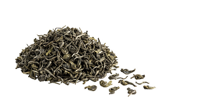 Premium loose green tea leaves, organic dried herbal tea pile, high quality aromatic tea blend for wellness and brewing isolated PNG with Transparent Background