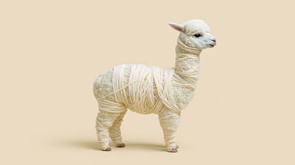 Naklejka premium Charming baby llama (Lama glama) artfully wrapped in white yarn, standing against a clean, light beige studio background, side profile shot