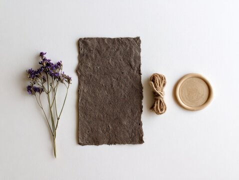 Flat lay of a rustic dark paper sheet with torn edges, a bundle of jute twine, a small ceramic plate, and dried purple flowers