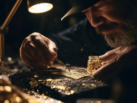 Closeup of a skilled artisan meticulously applying delicate gold leaf onto a dark textured surface under warm lamp light in a workshop