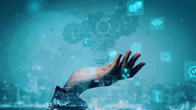 A futuristic hand reaches for various digital symbols representing technology and data, set against a vibrant blue cityscape background, highlighting innovation and connectivity. Xenic