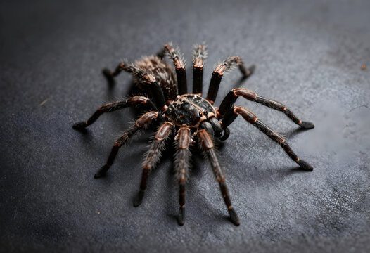 Hairy brown tarantula spider with eight legs on a dark gray textured background, arachnid wildlife macro photography
