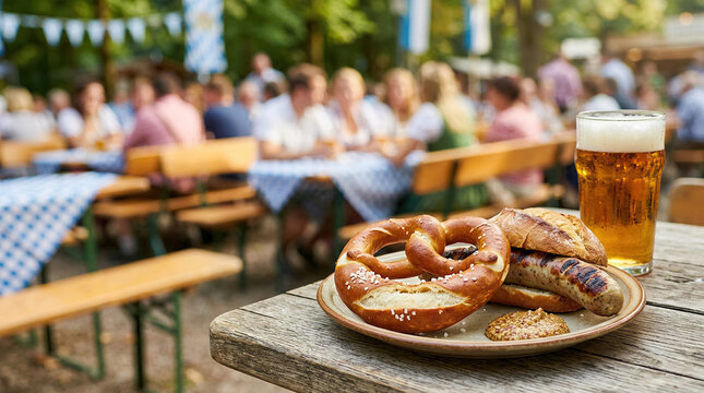 Bavarian pretzel and sausage with beer on wooden table at beer festival. Outdoor celebration with people in background. Traditional German food and drink for autumn fest party.